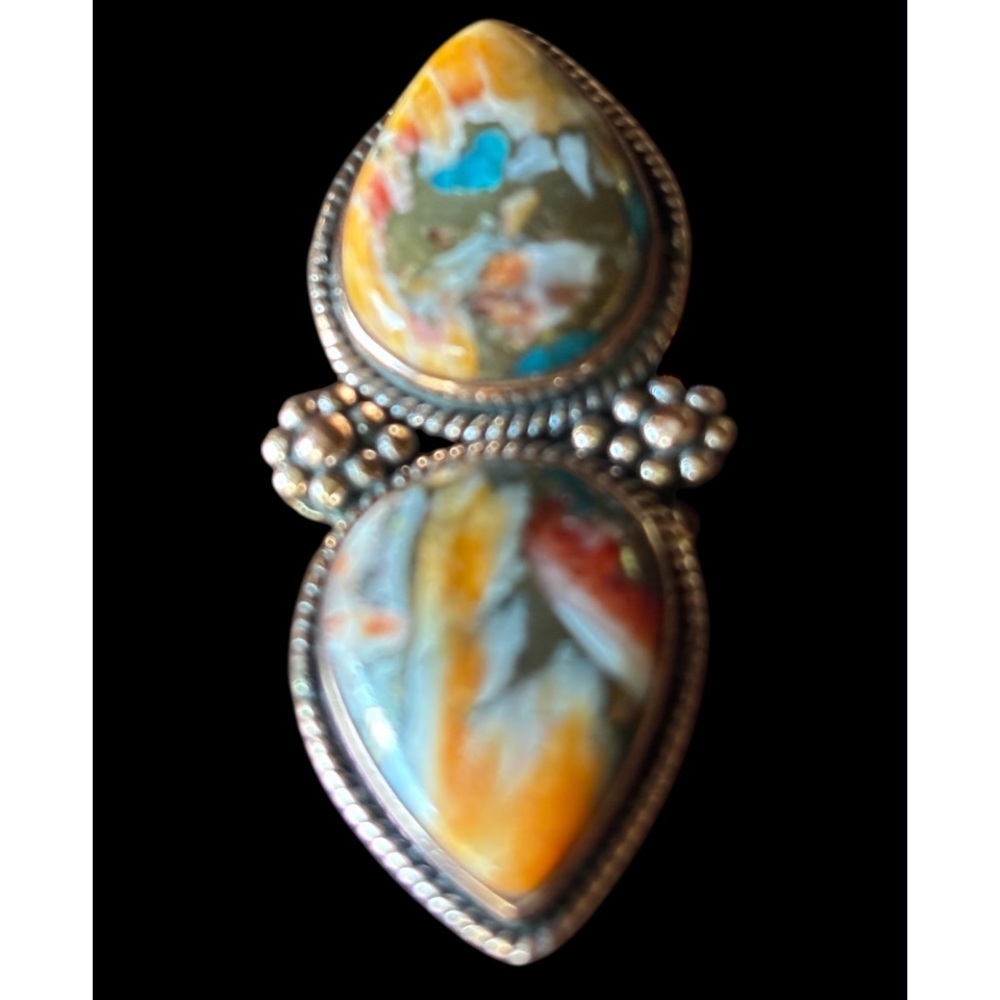 Spiny Oyster Turquoise Double Stone Adjustable Copper Ring